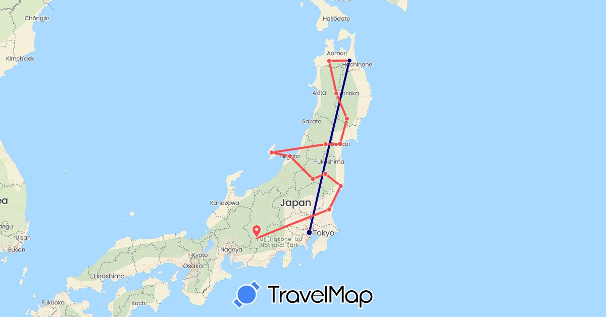TravelMap itinerary: driving, hiking in Japan (Asia)
